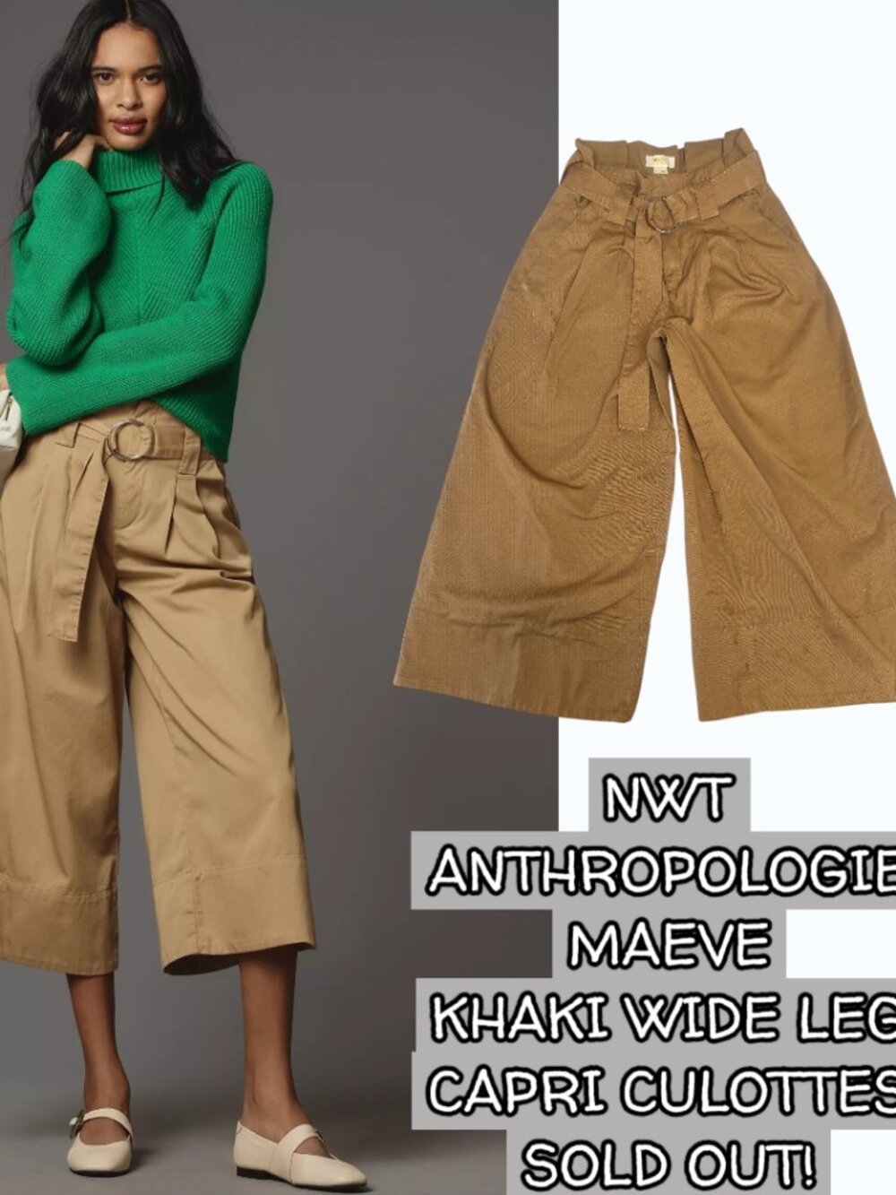 🔥 RARE SOLD OUT Anthropologie Maeve High-Rise Belted  Khaki Culottes NWT